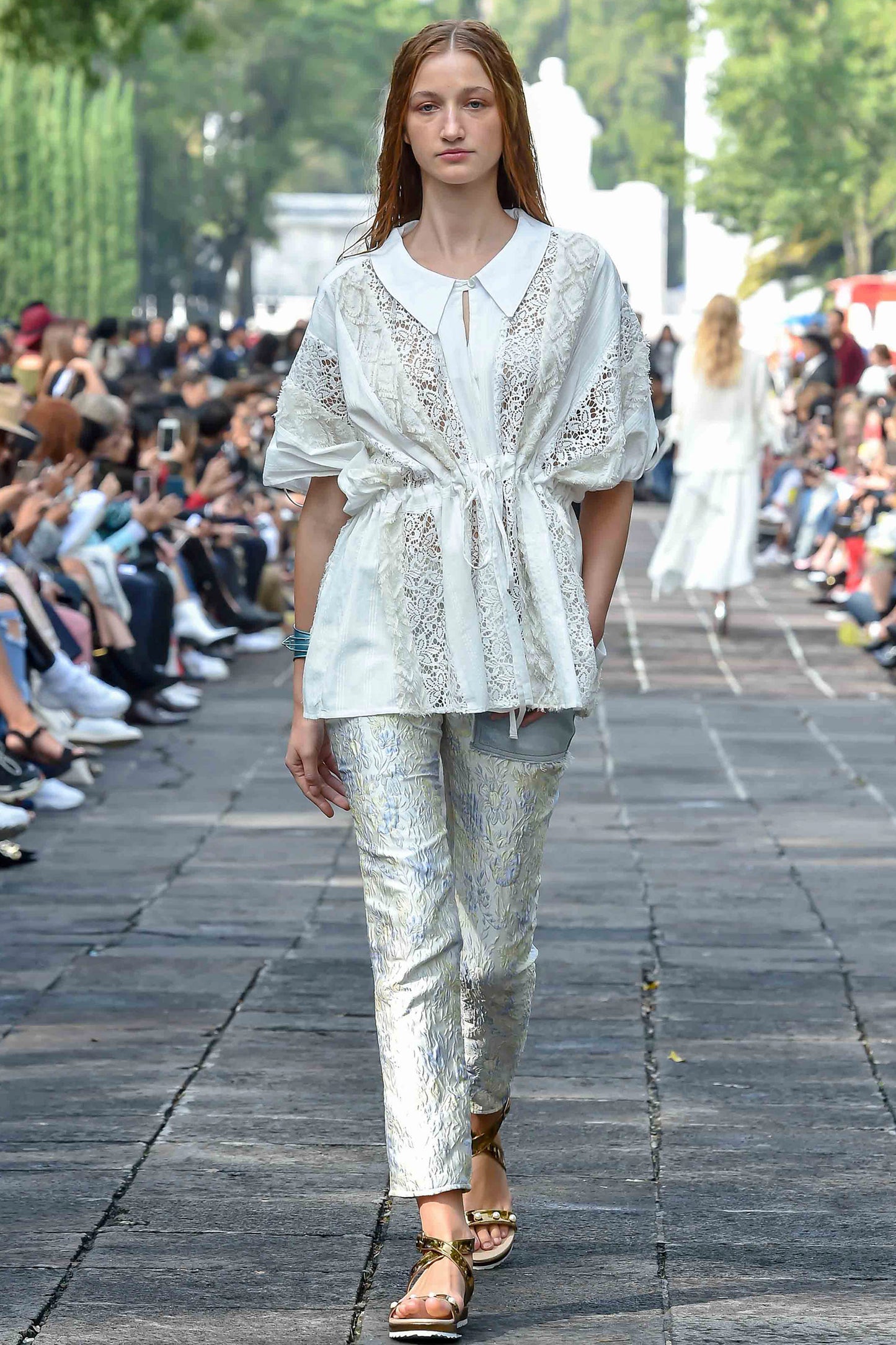 Jacquard pants with patched vintage jeans