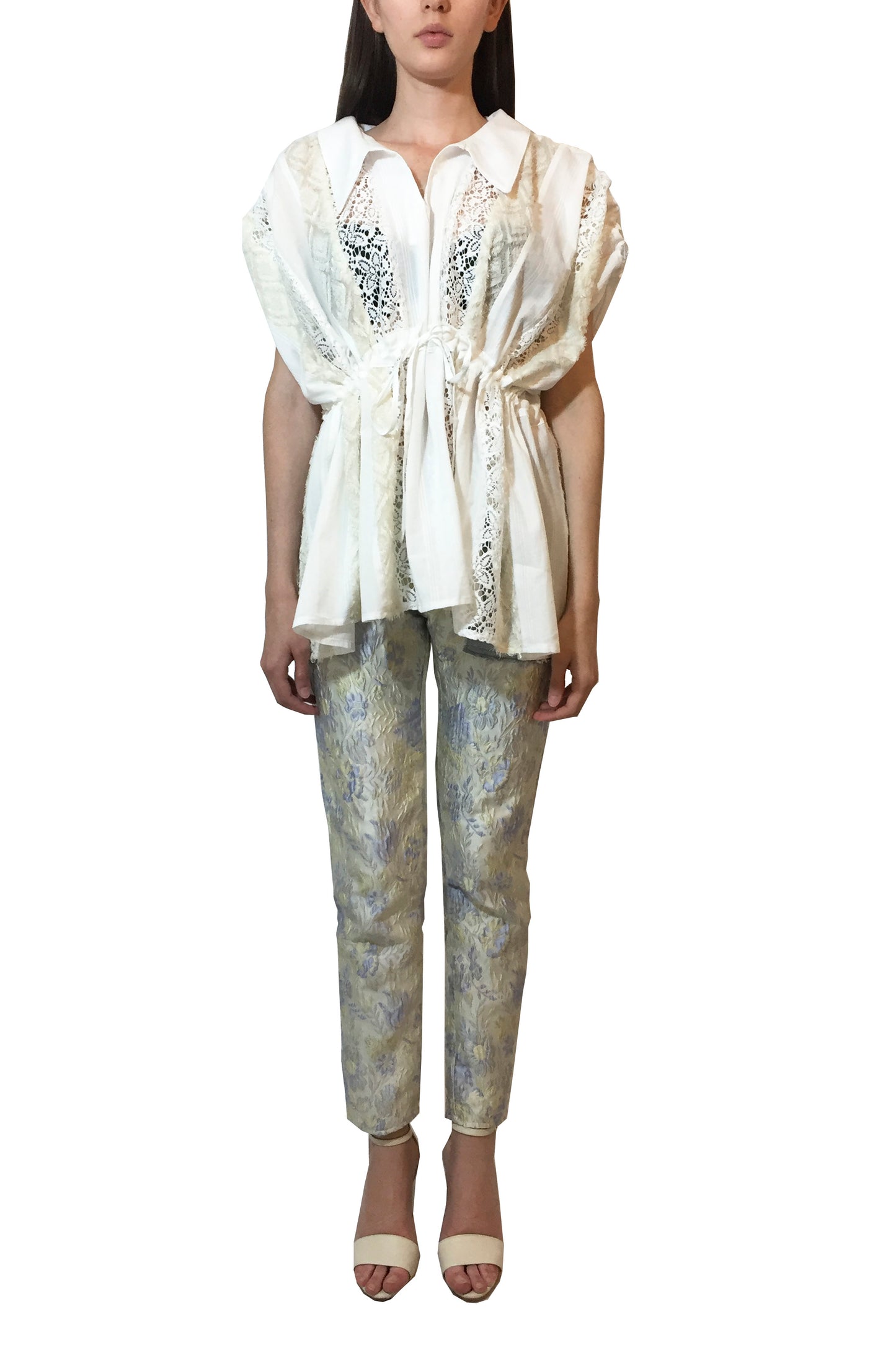 Jacquard and Lace mixed blouse