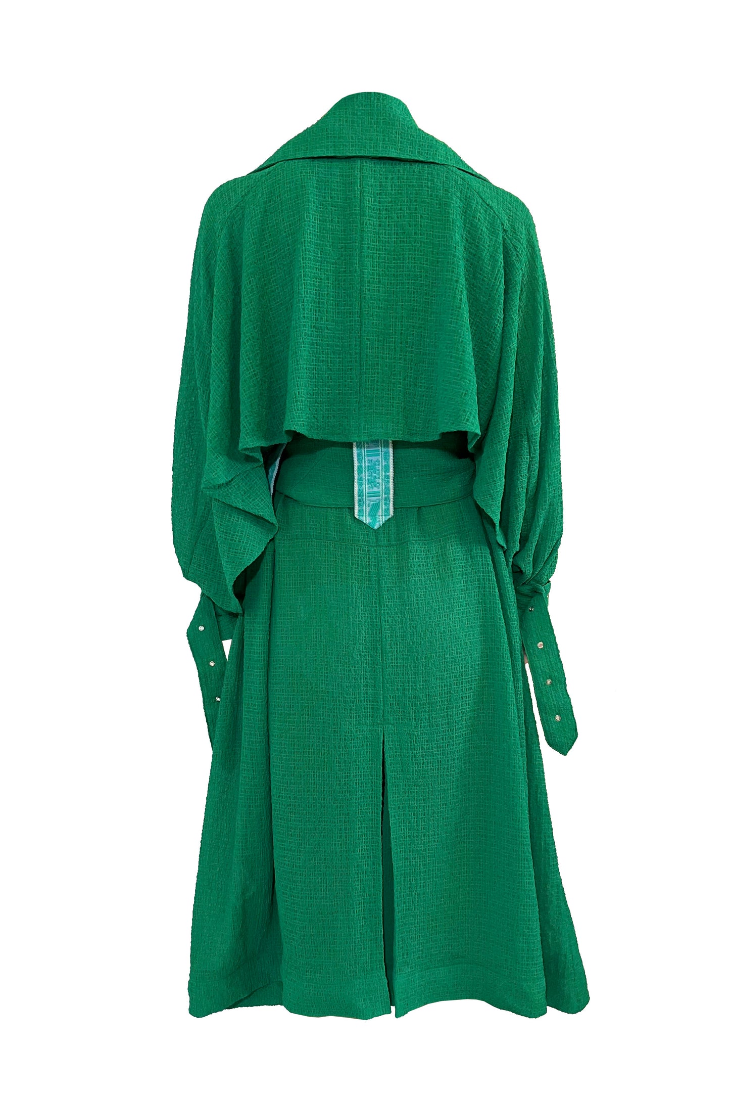 Sheer sucker volume trench coat with purepecha artisan woven tape