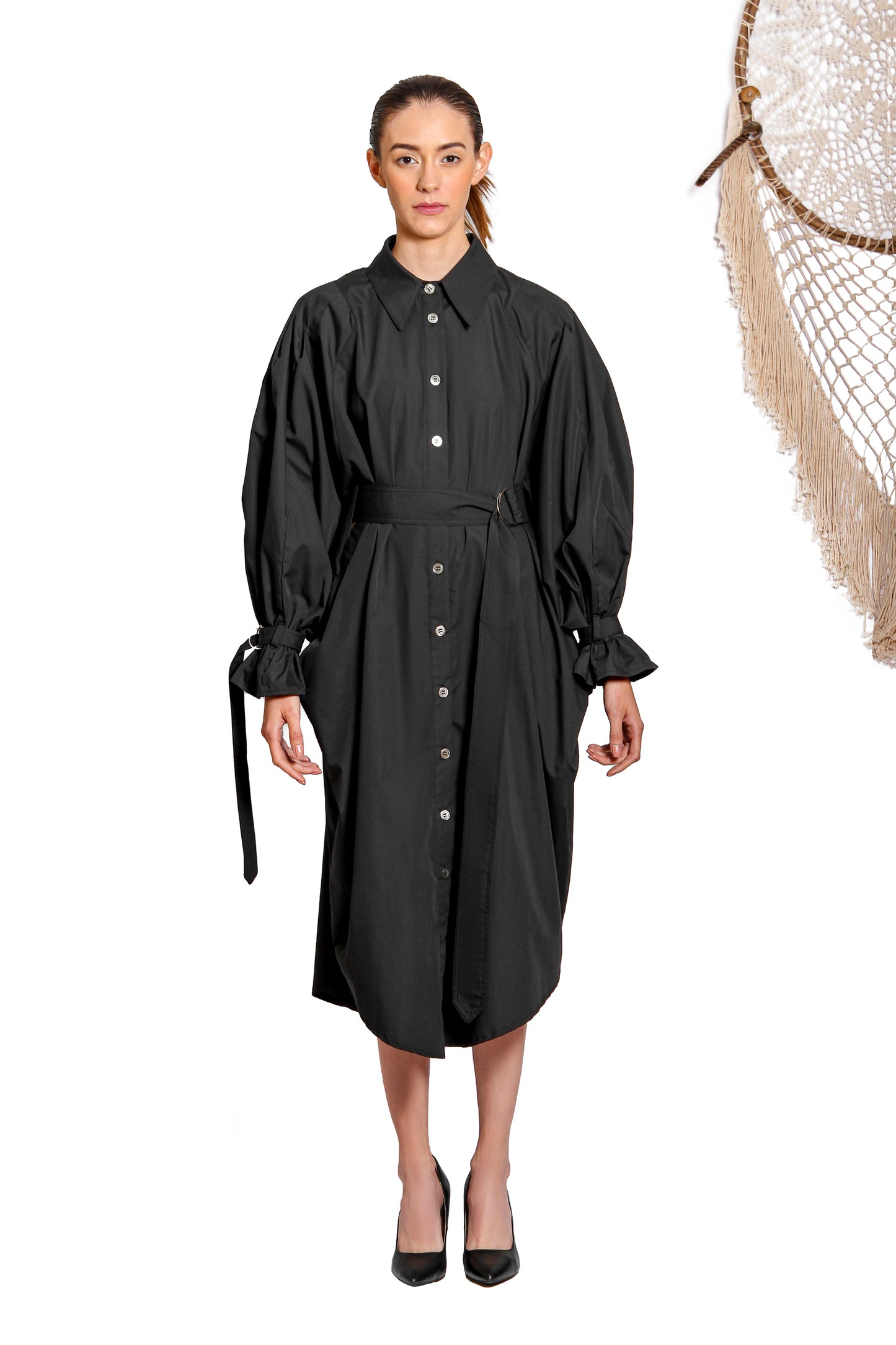 `SD001` Volume shirt dress with Purepecha woven tape