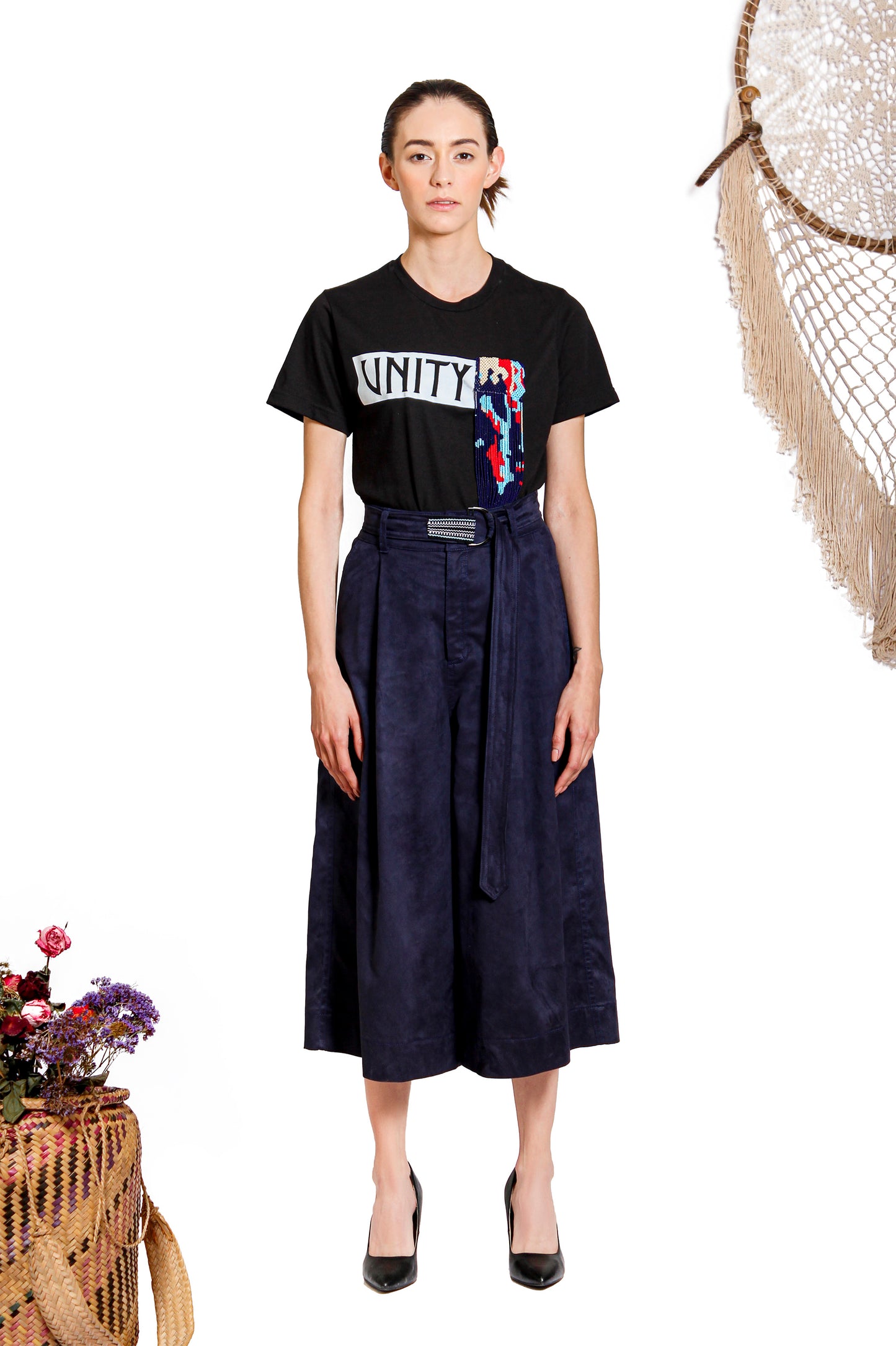 `SC001`Suede culotte with Purepecha woven tape belt