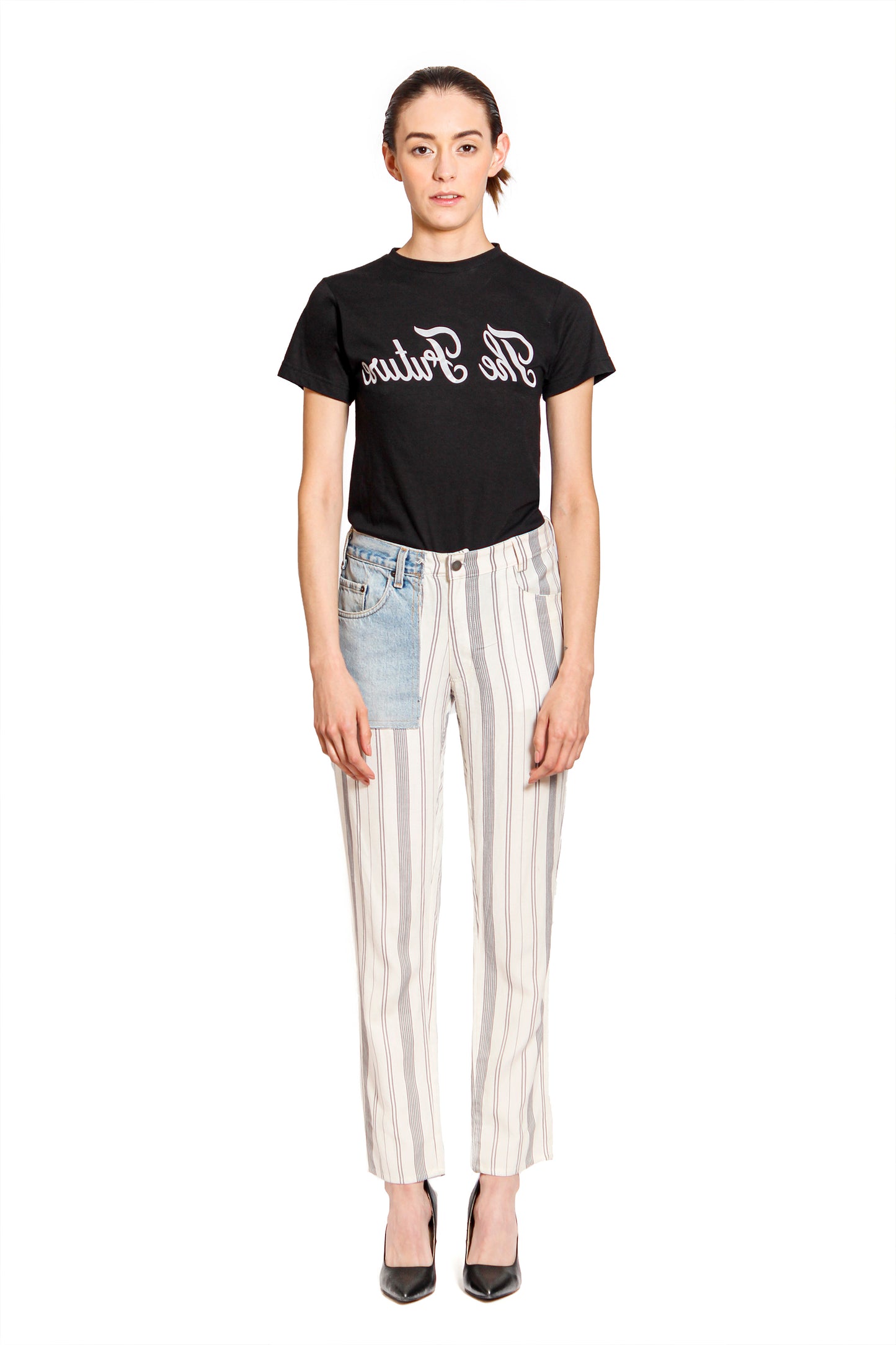 Stripe pants with upcycled vintage denim