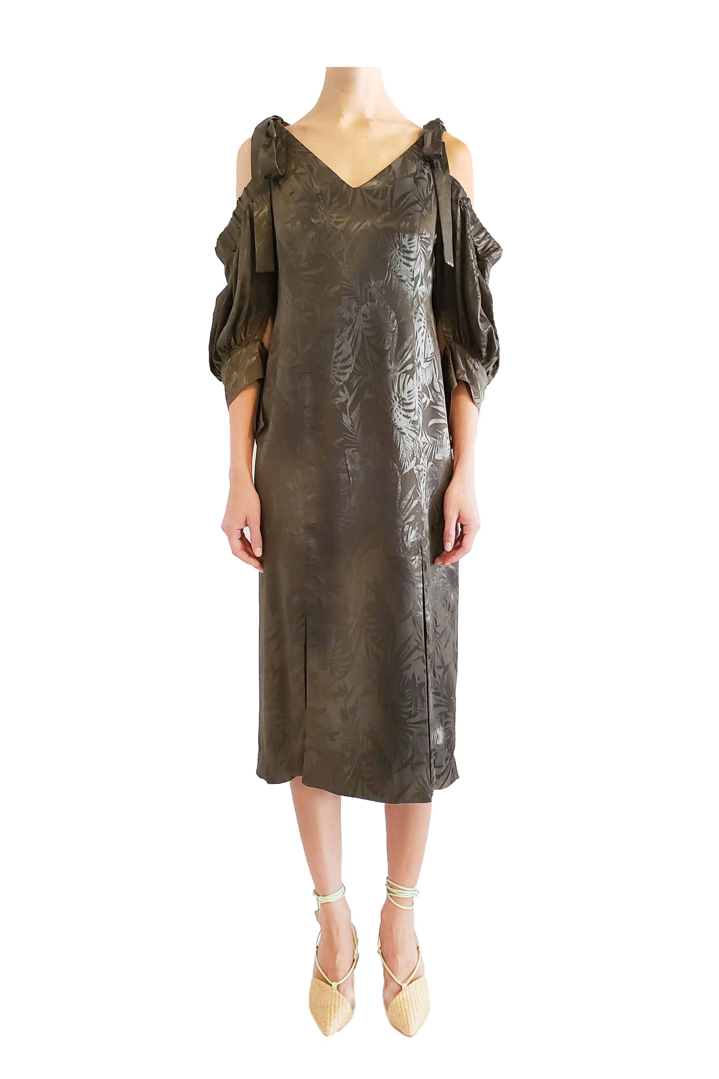'BZ003' Palm jacquard off shoulder dress with Huichol artisan beads