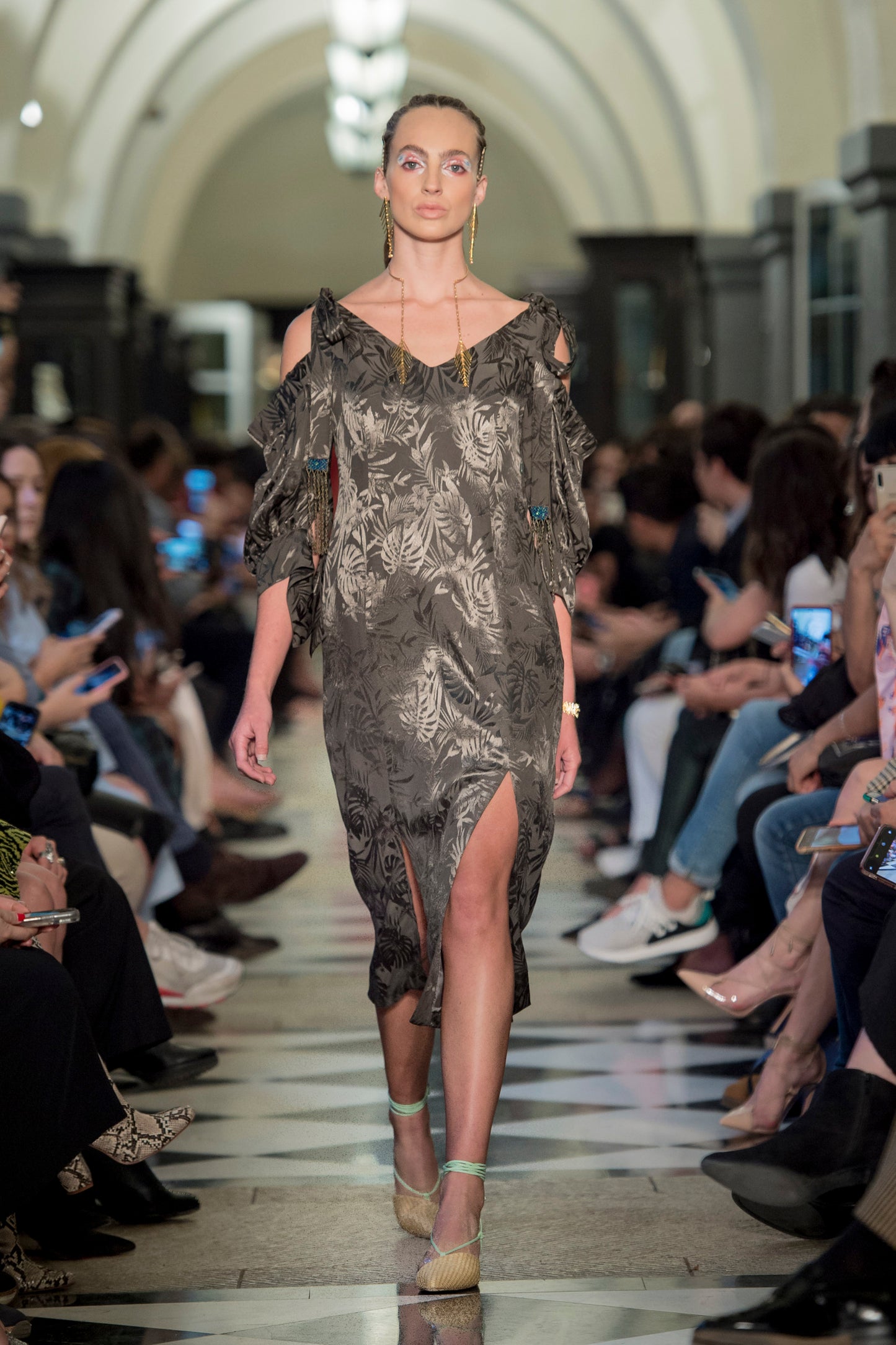 'BZ003' Palm jacquard off shoulder dress with Huichol artisan beads