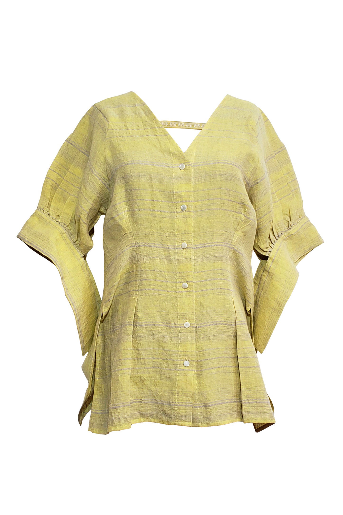 'L002' Back open linen blouse with Purepecha artisan woven tape