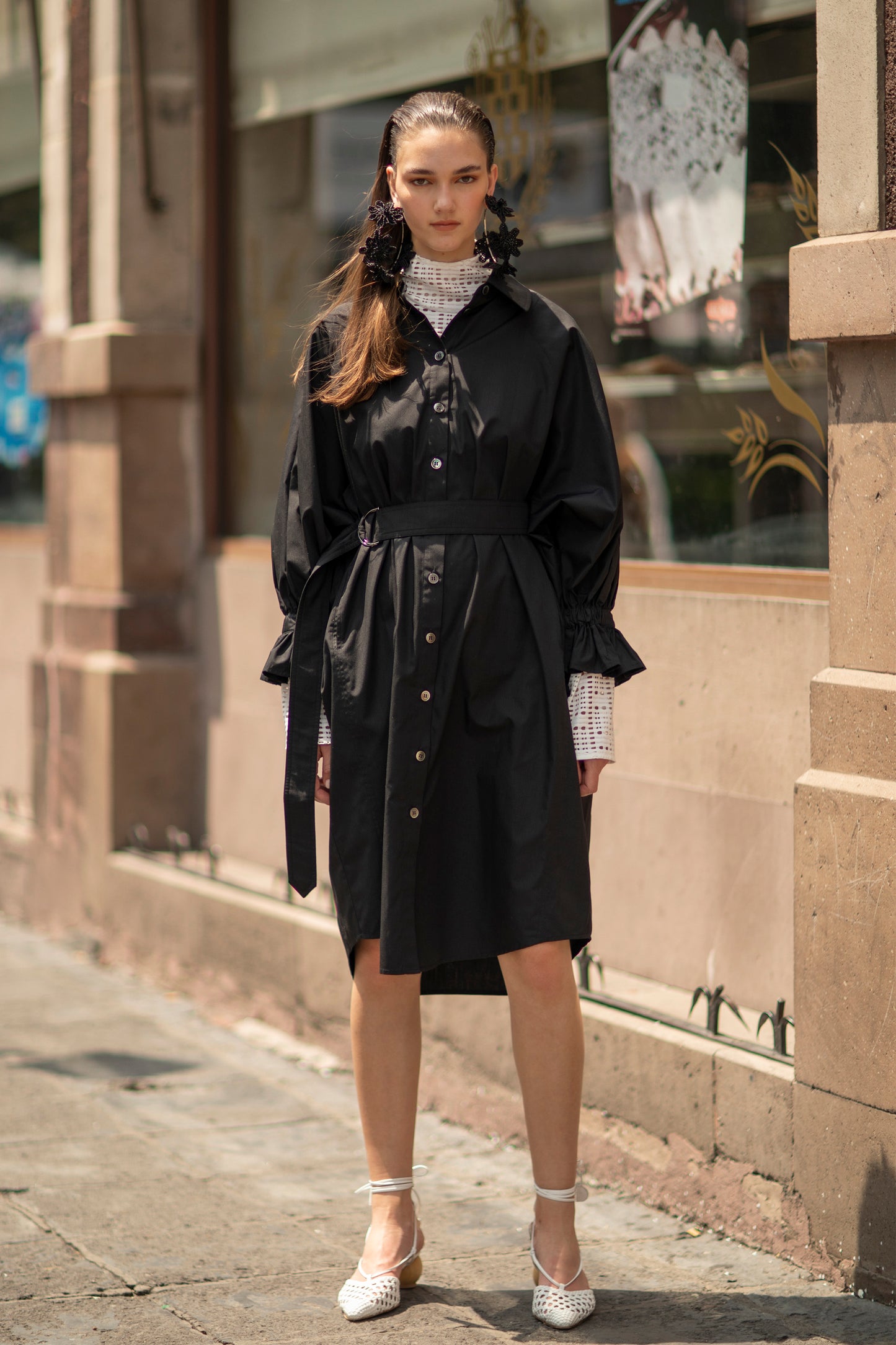 Recycled Plastic bottle Two-way shirt dress with Purepecha artisan woven tape
