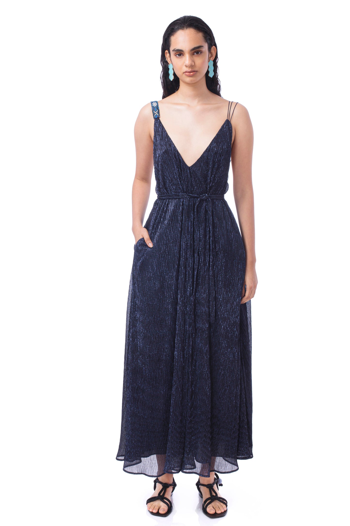 Triangular slip dress with Huichol artisan beads