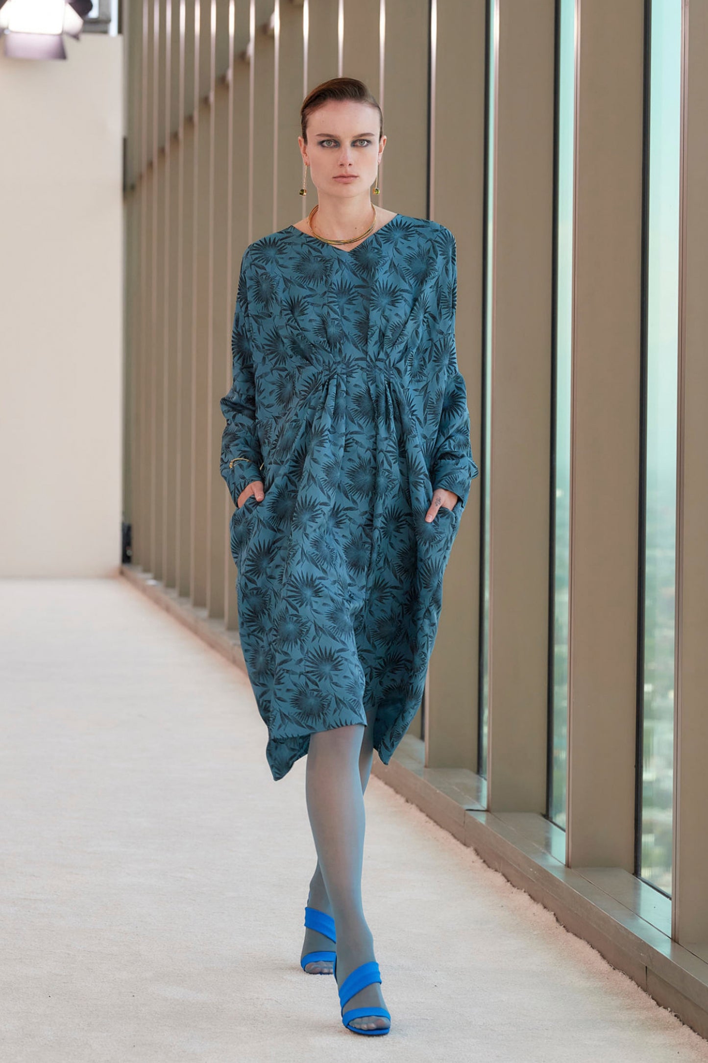 Palm Jacquard Multi-tucked long sleeve dress