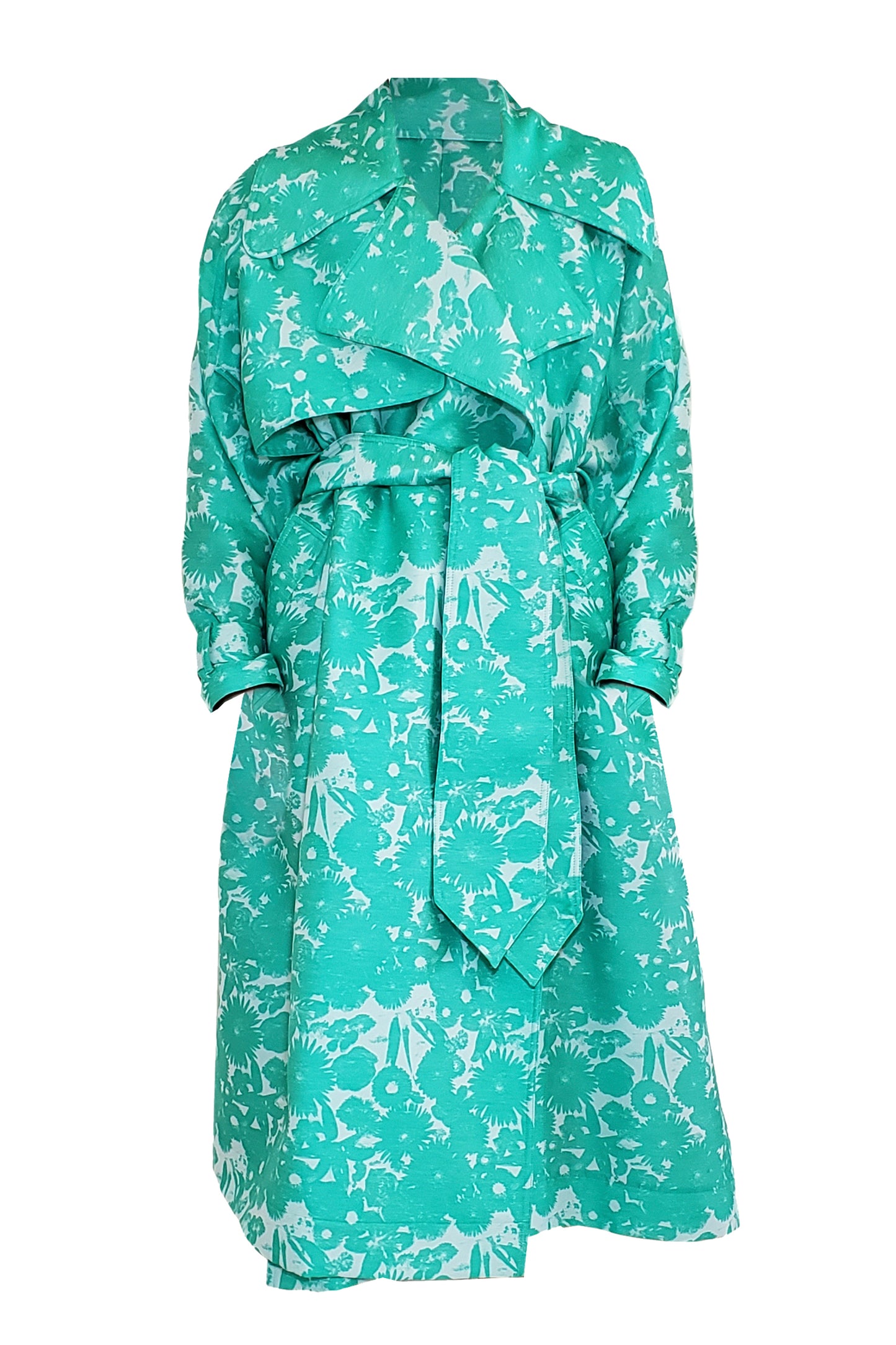 Flower jacquard volume Trench coat with Purepecha artisan woven tape