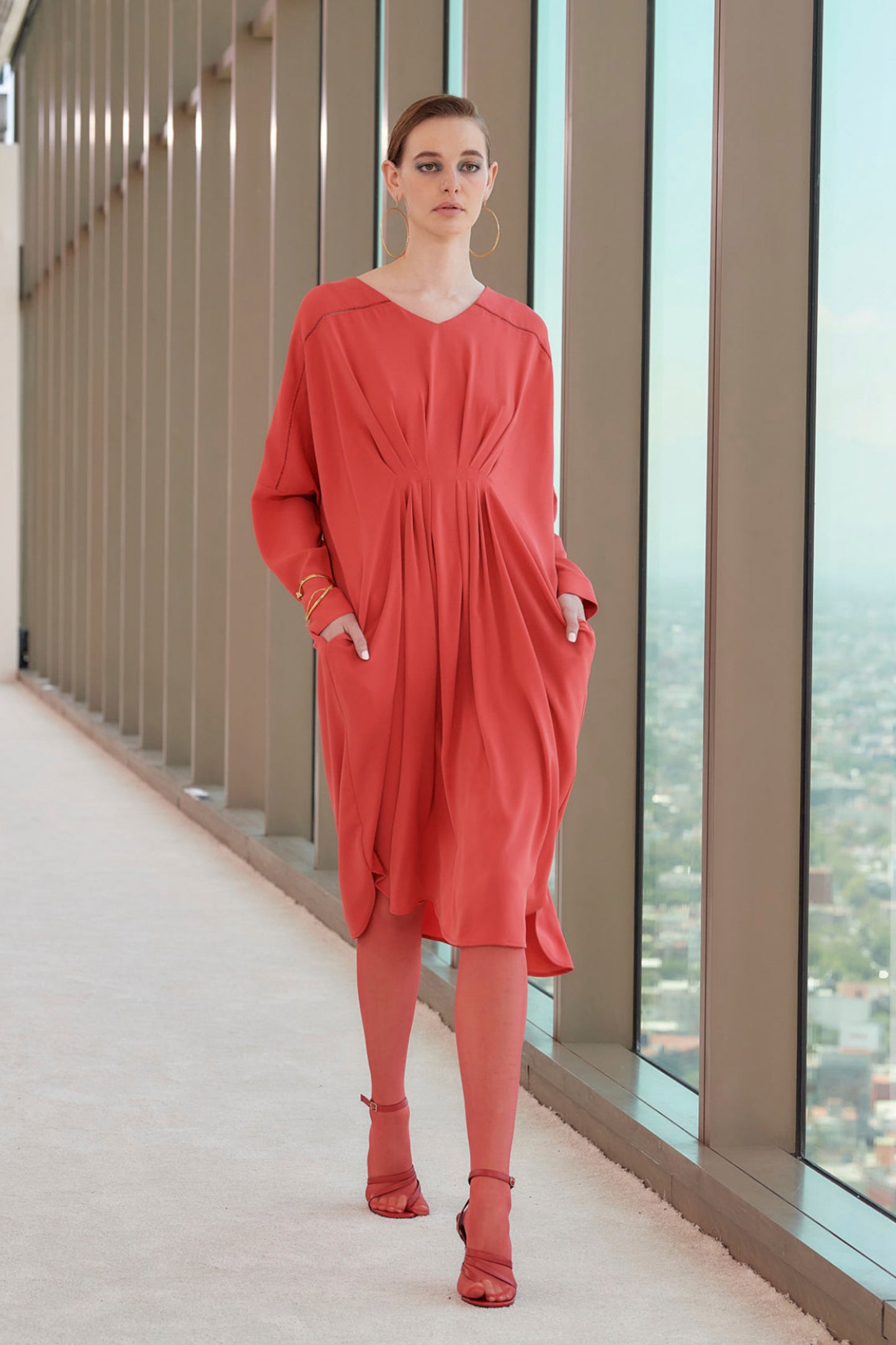 Multi-tucked long sleeve dress