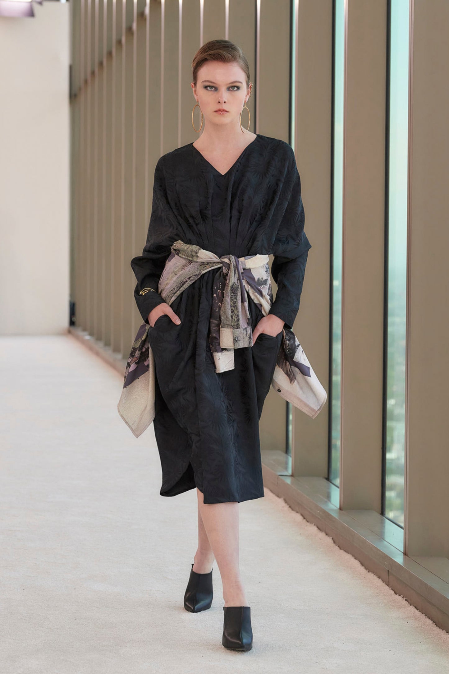 Palm Jacquard Multi-tucked long sleeve dress