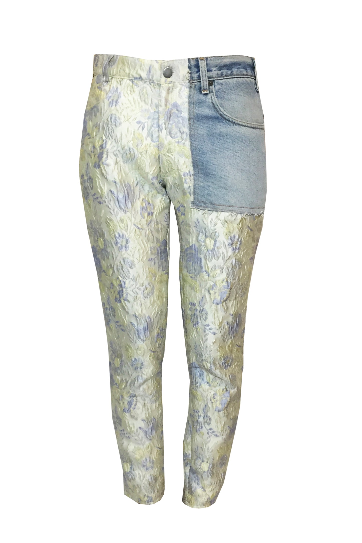 Jacquard pants with patched vintage jeans