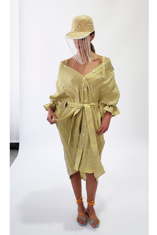 'L001' Linen shirt dress with Purepecha artisan woven tape