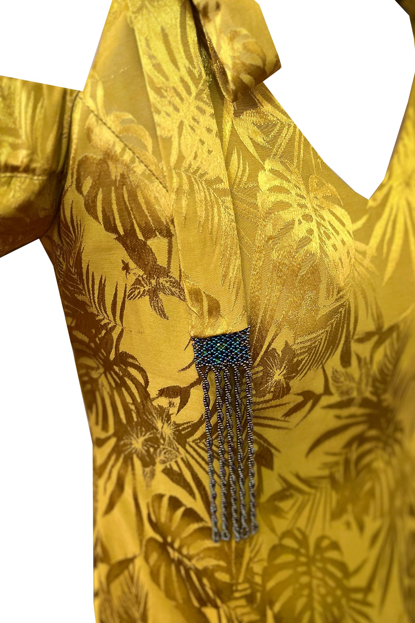 'BZ003' Palm jacquard off shoulder dress with Huichol artisan beads