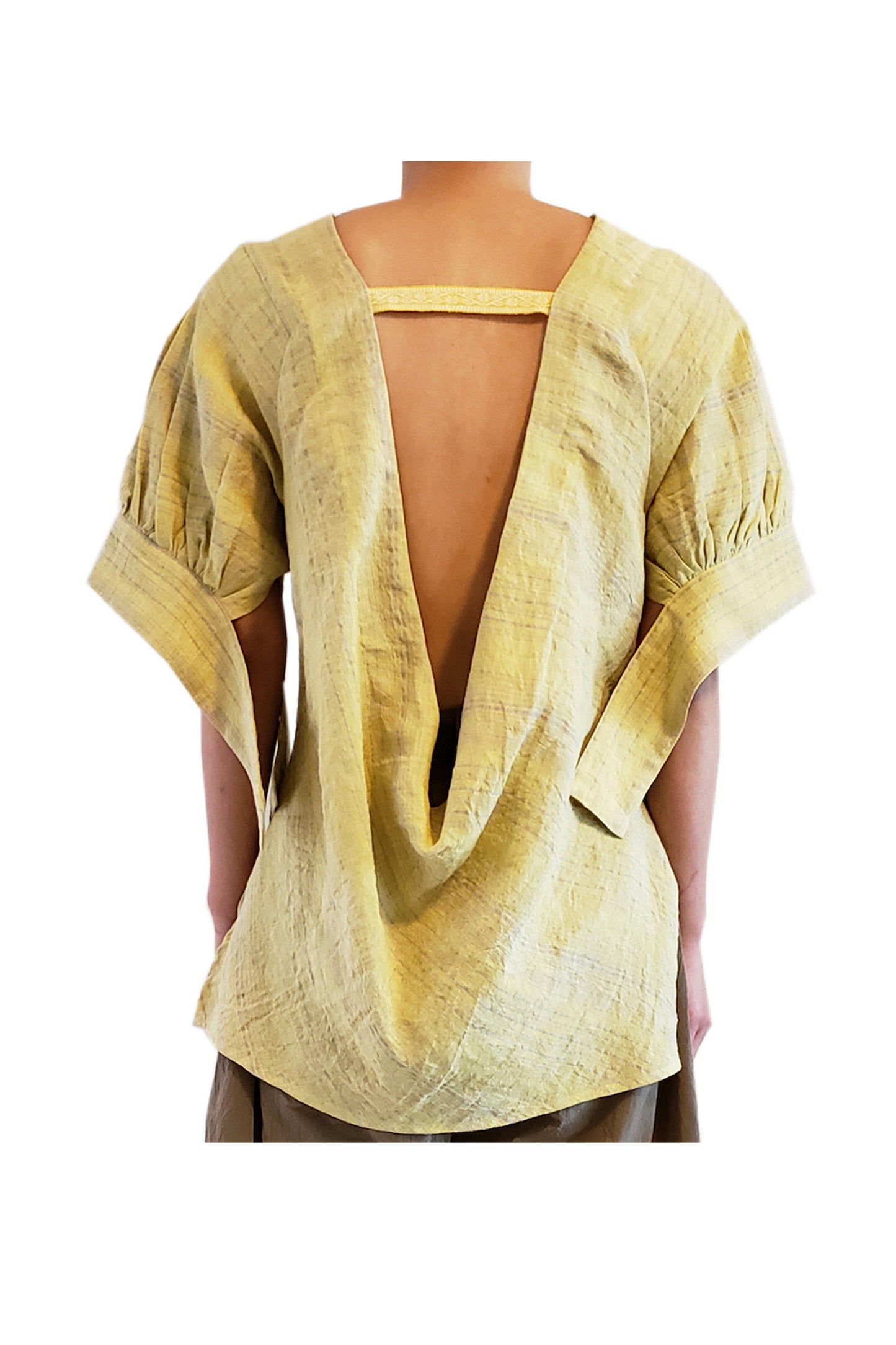 'L002' Back open linen blouse with Purepecha artisan woven tape