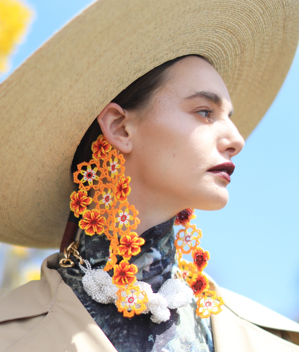 Artisanal Huichol beads flower Ear Cuffs