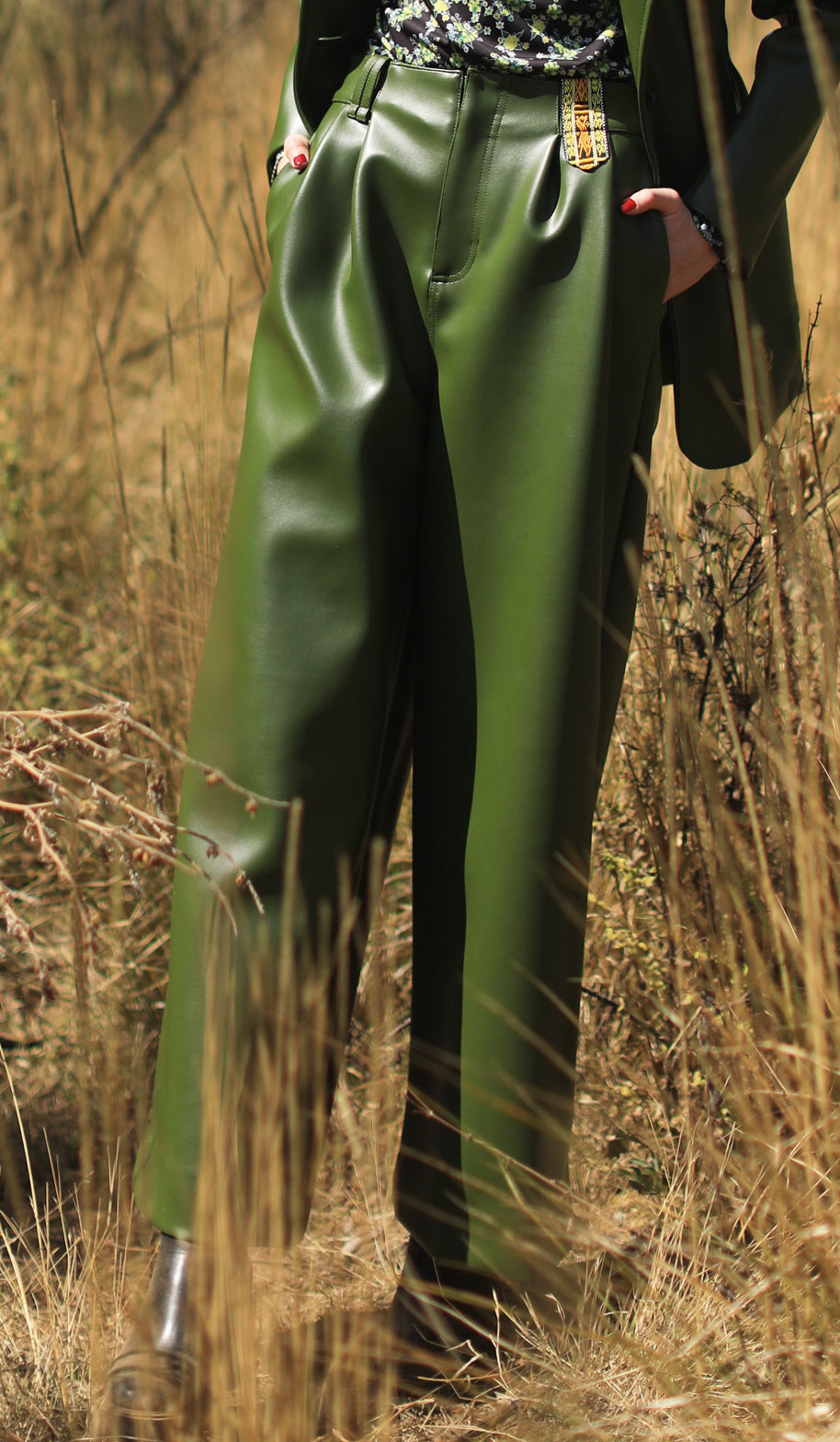 Cactus leather volume Pants with Purepecha artisan woven tape