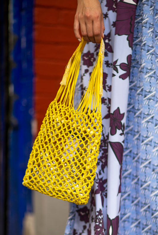 Hand knitted bag with Purepecha artisan woven tape