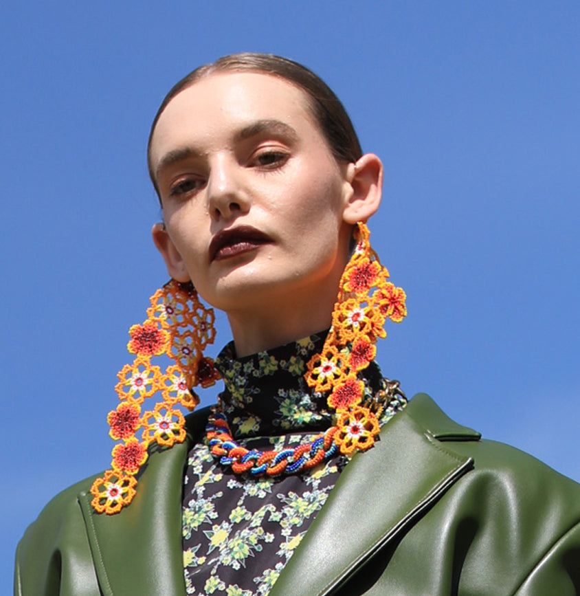 Artisanal Huichol beads flower Ear Cuffs